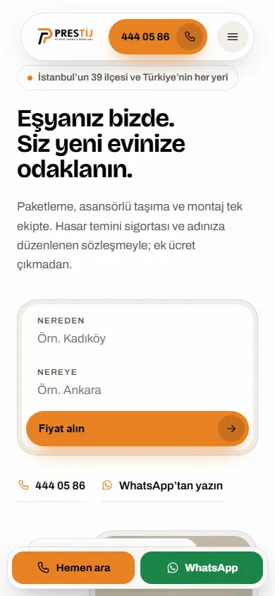 Prestij Nakliyat ana sayfası, telefon
